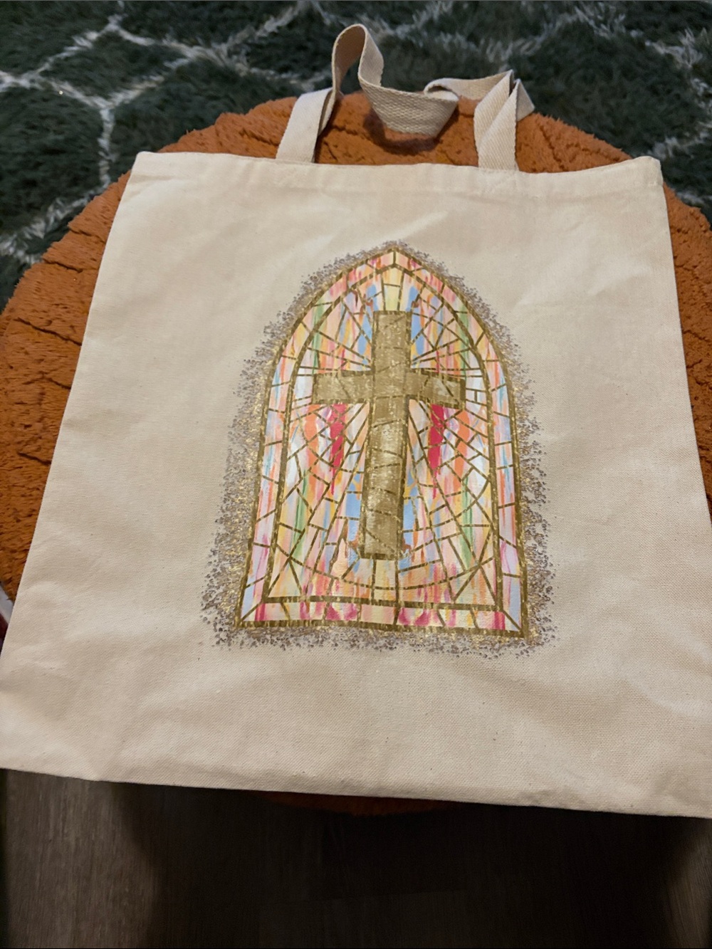 Canvas Tote Bag with Gold Cross Stained-Glass Design - Cream